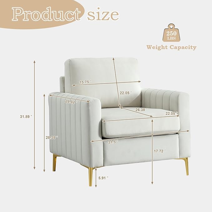 Tufted Velvet Accent Chair with Gold Legs Mid-Century Modern Single Sofa Chair Comfy Upholstered Soft Arm Chair Living Room Furniture Reading Bedroom Club Waiting Room (Beige)