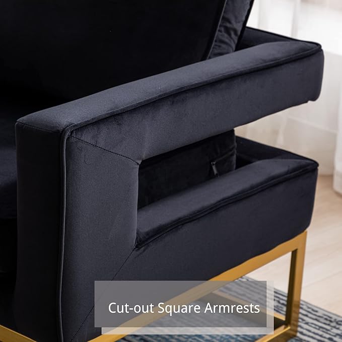HEAH-YO Modern Accent Chairs Set of 2 Comfy Upholstered Living Room Chairs with Armrests and Golden Metal Legs Modern Side Chairs for Living Room Bedroom Black