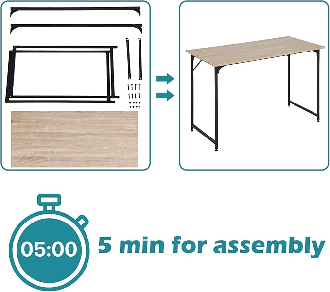 Dkelincs 47 Inch Computer Desk Home Office Desk Gaming Writing Desk Modern Simple Style Study Work Table with Metal Frame Large Legroom Adjustable Feet Water-Resistant Nature