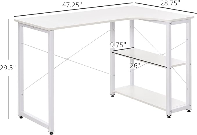 Industrial L Shaped Computer Desk with 2 Side Shelves and Steel e Corner Desk Study Workstation for Home Office White