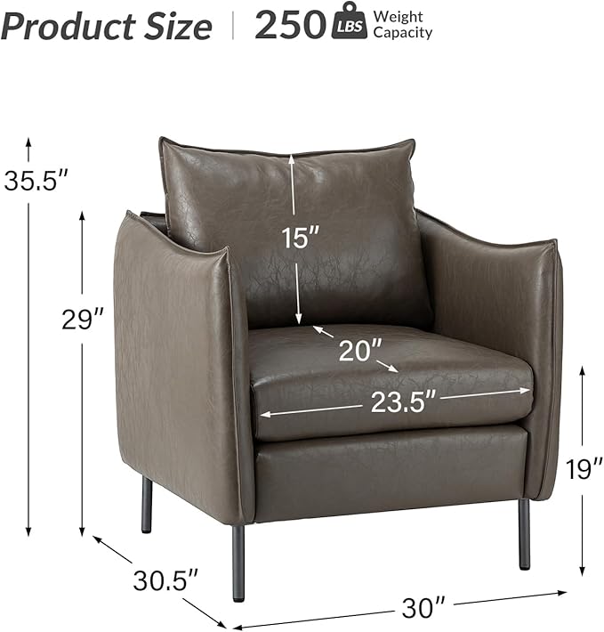 HULALA HOME Leather Armchair Set of 2 Modern Faux Leather Accent Armchair Upholstered Living Room Chairs with Moveable Cushion for Living Room Office Reading Customer Reception Grey