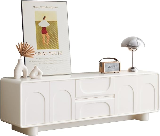 62.99 TV Stand for 55/60/65 TV Modern Entertainment Center with Storage Cabinets and Drawers Mid Century Media Console Table Cream White Television Stand for Living Room