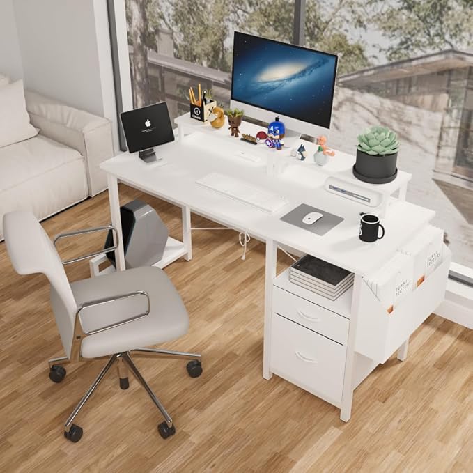 Office Desk with Power Outlet2 Monitor Stands2 DrawersSide PocketEasy to AssembleFrame Stability Reversibleuse for Home Desk Computer Desk Game TableWhite