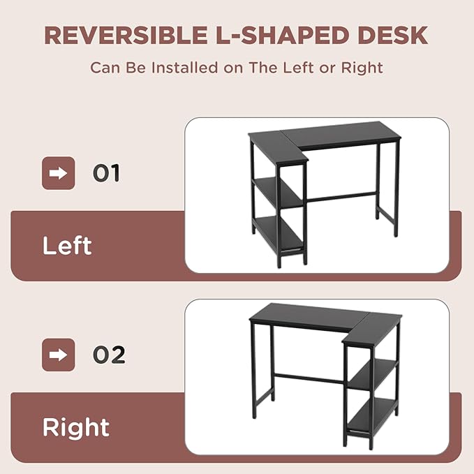 FDW L-Shaped Gaming Desk 39 Inch Computer Desk Corner Desks with Reversible Side Storage Shelves Study Desk Metal Frame PC Work Table for Home Office Dorm Sturdy Writing Workstation Black