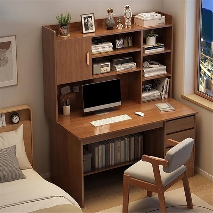 NIUYAO Integrated Storage Desk with Hutch Bookshelf and Cable Management Modern Writing Table Shelves Work Desk PC Table Home Office Corner Study Desk Without Chair (Brown 39.5 L x 18 W x 64 H)