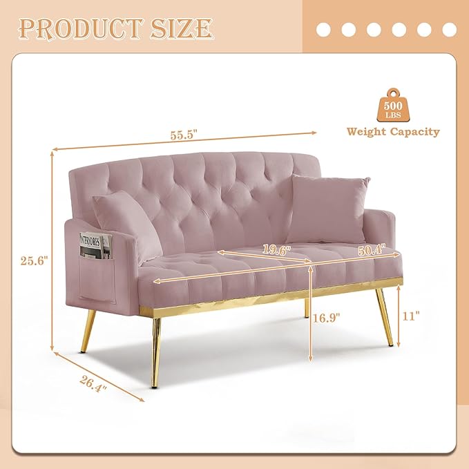 Small Velvet Loveseat Sofa 55.5-inch Modern Sofa Couch with with 2 Side Pockets Modern Tufted Sofas with Golden Metal Legs Upholstered Space Saving Love Seat for Living Room Bedroom Office Pink
