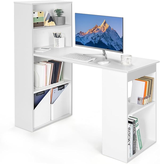 Giantex 48 Inch Computer Desk with Bookshelf 3-in-1 Home Office Desk with 4-Tier Bookcase &amp CPU Stand Space-Saving Reversible Writing Desk Work Table for Bedroom Study Room Office (White)