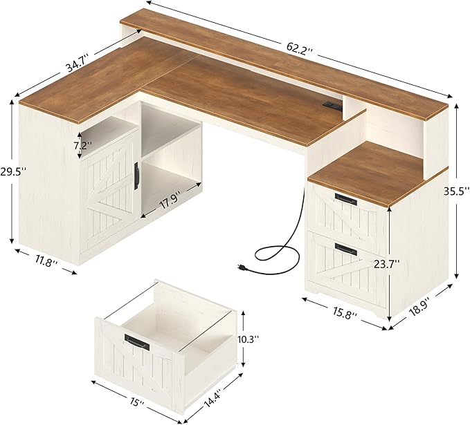 TVU Farmhouse L Shaped Desk with Drawers 62.2 Home Office Desk with Storage Shelves and Power Outlet L Shaped Computer Desk with Monitor Stand and Printer Shelf Brown and White