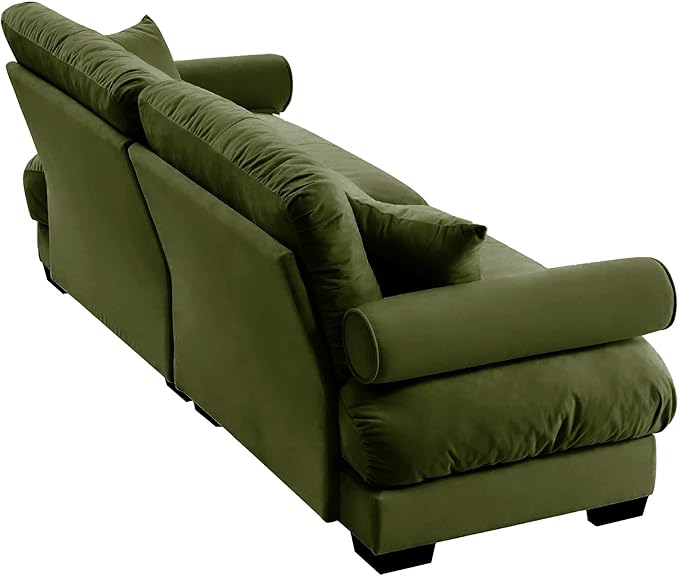 Velvet Loveseat Sofa93.7 W Oversized Fluffy Tufted 2-Seat Cloud Couch with 25.6 Seat DepthComfy Modern Deep Seat Sofa with Bolster Armrest PillowsGreen
