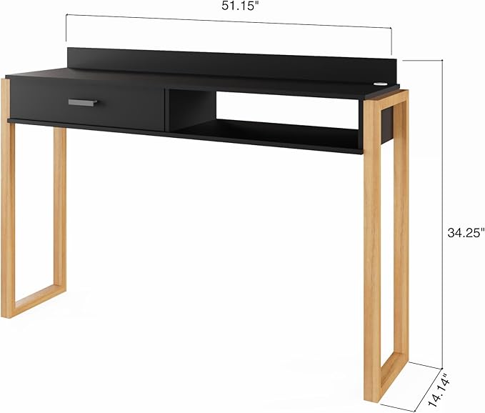 Boahaus Kettlewell Modern Black Computer Desk with USB Ports Large Drawer Open Shelf &amp Solid Wood Legs – Home Office Workstation
