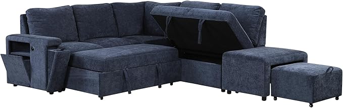 L-shaped Oversized Modular Padded Cloud Sectional Fabric Sofa Set with Pull Out Bed Convertible Sectional Couches with Storage Space USB Ports and Cup Holders for Living Room Office Blue
