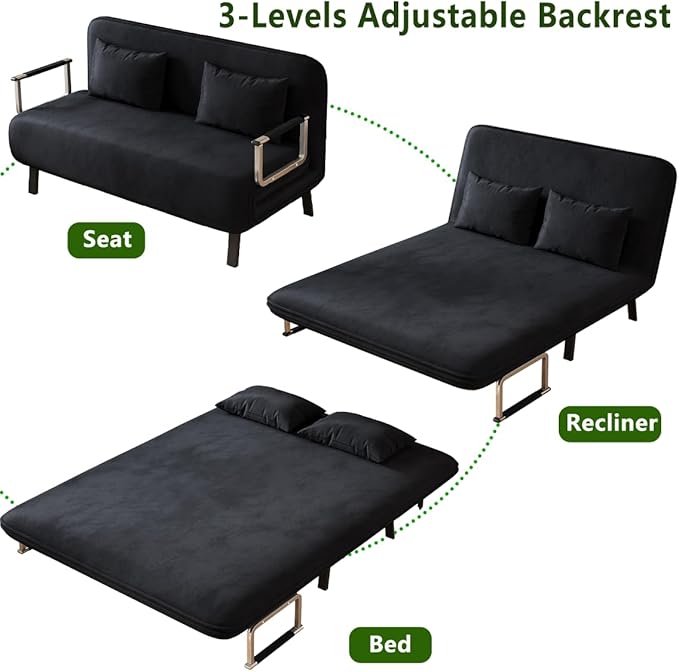 Convertible Queen Sleeper Chair Bed 55 Tri-Folding Sofa with 6 Adjustable Backrests Comfy Velvet Loveseat Sleeper Modern Futon Sofa Bed for Living RoomSmall SpaceOffice (Black)