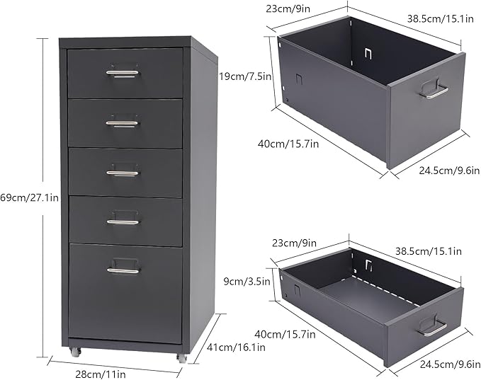 5-Drawer Storage Cabinet with Wheels Metal File Storage Organizer with 4 Small &amp 1 Large Drawers Mobile Vertical Filing Cabinet for Home Office Craft Room Bedroom 11x16.1x27.1in (Grey)