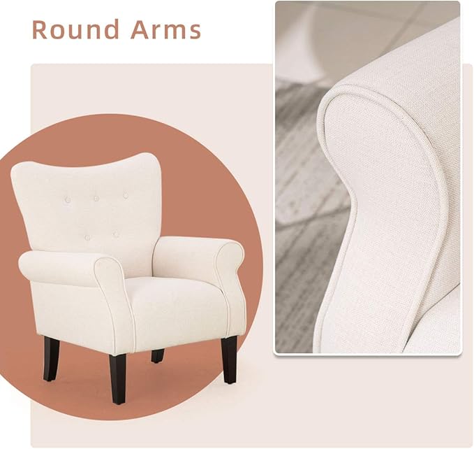 YOLENY Modern Accent ChairHigh Back ArmchairUpholstered Fabric Button Single Sofa with Wooden Legs for Living RoomBedroomClubBeige