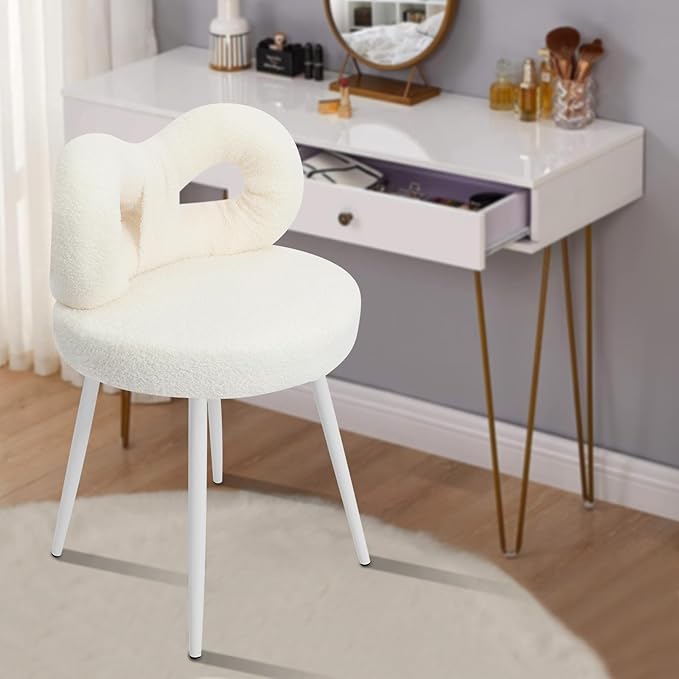 Girls Desk Chair | No Wheels Make up Vanity Chair w/Cute Bow Backrest Comfy Lambswool Fabric Makeup Chair for Bedroom Living Room Upholstered Accent Chair Desk Chair Stool for Girls (White)