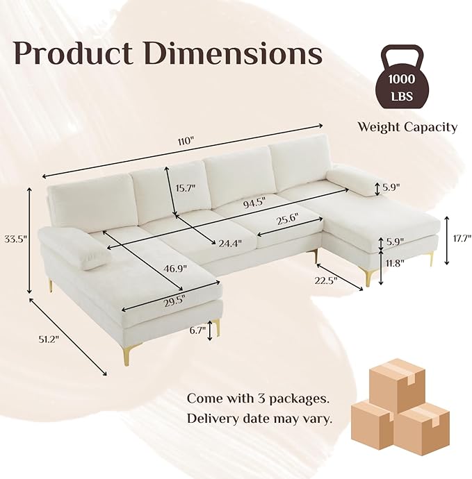 Karl home Convertible Sectional Sofa 110 U-Shape Sofa Couch 4-Seat Couch with Chaise ChenilleFabric Upholstered for Living Room Apartment Office Creamy White