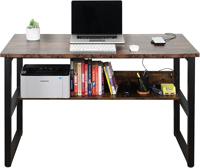 Computer Study Desk with Bookshelf Large Home Office Desk with Storage and Shelf Industrial Study Writing Drawing Table with Space Saving Design Modern Simple Style Laptop Table