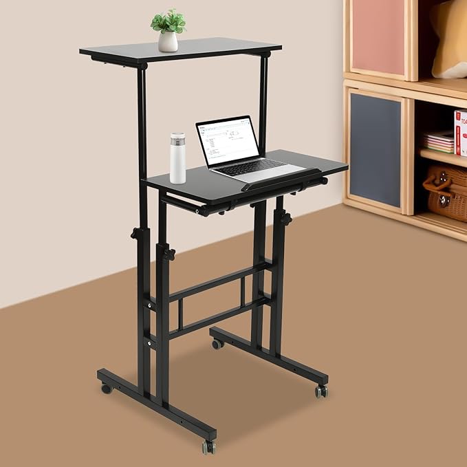 Mobile Standing Desk Adjustable Workstation with Wheels Portable Laptop Cart for Standing or Sitting (Black)