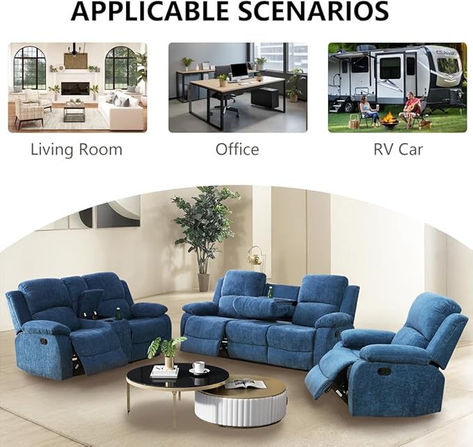 Upholstered Manual Recliner Modern Fabric Reclining Chair Single Reclining Sofa Chair with Comfortable Armrest and Backrest Recliner Furniture for Living Room/Meeting Room/RV Car Blue