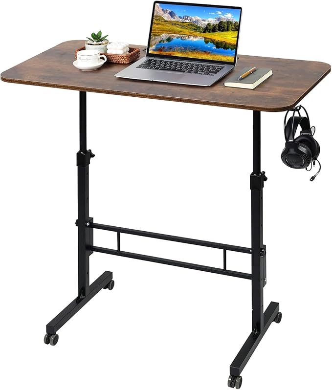 Standing Desk Adjustable Height Rolling Walking Pad Desk Small Mobile Table with Wheels Portable Stand Up Table for Standing or Sitting Size 31.5x15.7 Inch Rustic