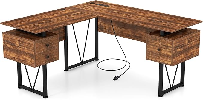 Tangkula 59 L-Shaped Office Desk with 3 Drawers &amp Charging Station Corner Computer Desk with Sturdy Metal Frame Industrial Home Office Computer Workstation for Working Studying (Rustic Brown)