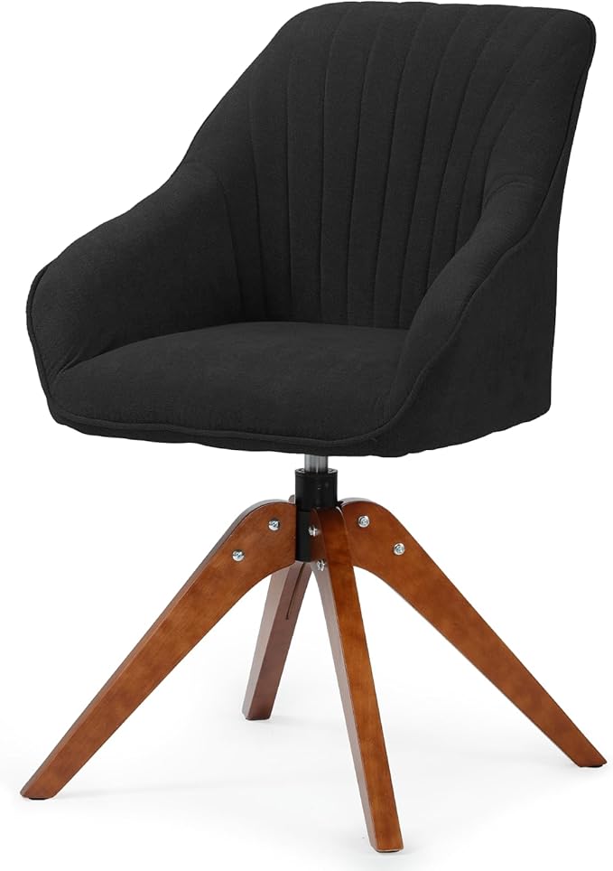 Athena Collection Swivel Modern Accent Chair Linen Upholstered Armchair Office Desk Chair No Wheels with Wooden Legs Comfy Vanity Chair Reading Chair for Bedroom Living Room Black