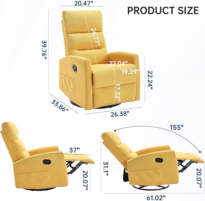 360° Swivel Rocker Recliner Chair for Small Spaces Manual Recliner with Side Pockets for Petite Adults Small Rocker Recliner for Living Room Bedroom - Yellow