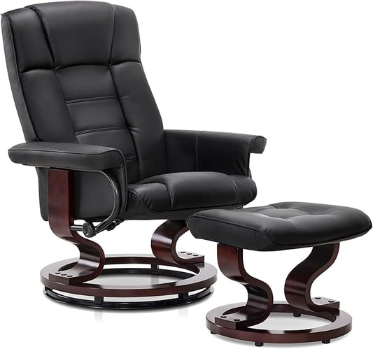 MCombo Manual Swivel Recliner with Ottoman Chair Ottoman Set for RV Small Spaces Living Room Bedroom Office 9019 4919 (Faux Leather Black)