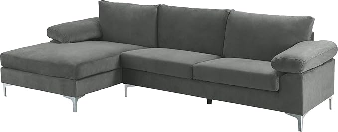 Casa Andrea Milano Modern Large Velvet L-Shape Sectional Sofa with Extra Wide Chaise Lounge Couch