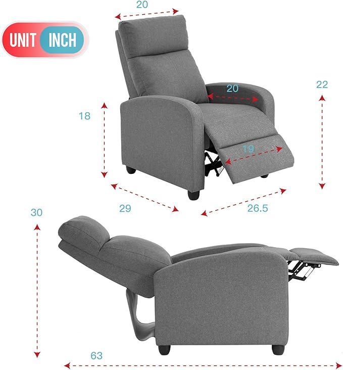 PayLessHere Recliner Chair Single Reclining Sofa Home Theater Seating with Lumbar Support and Padded Backrest for Living Room and Bedroom (Fabric Grey)