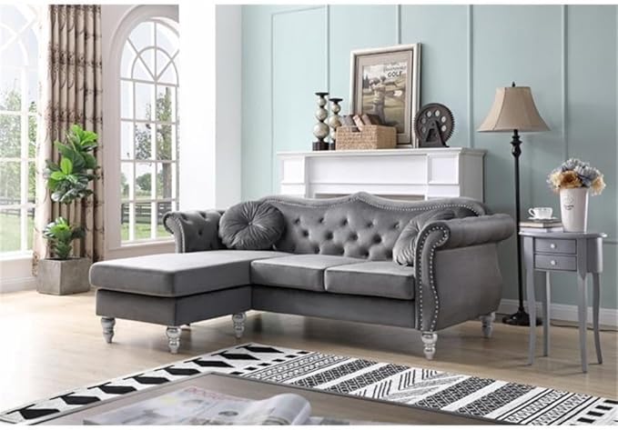 MAKLAINE Modern Velvet Sofa Chaise 81 W x 35 D x 34 H Dark Gray Finish Tufted Back and Arms Hardwood Frame Turned Wood Feet Includes 2 Matching Pillows Living Room Seating for Up to 4