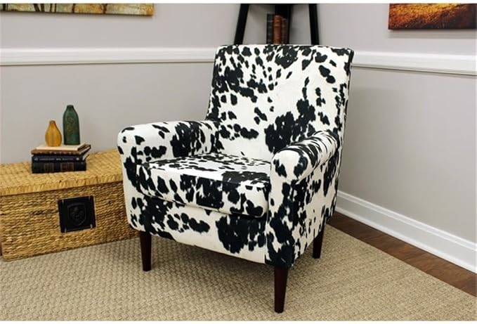 Pemberly Row Fabric Rolled Arm Lounge Chair Cowhide Black Upholstery 17.5 Seat Height Durable Construction Farmhouse or Modern Accent Chair for Living Room or Bedroom Use