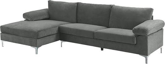 Casa Andrea Milano LLC Modern Large Velvet Fabric Sectional Sofa L-Shape Couch with Extra Wide Chaise Lounge Grey