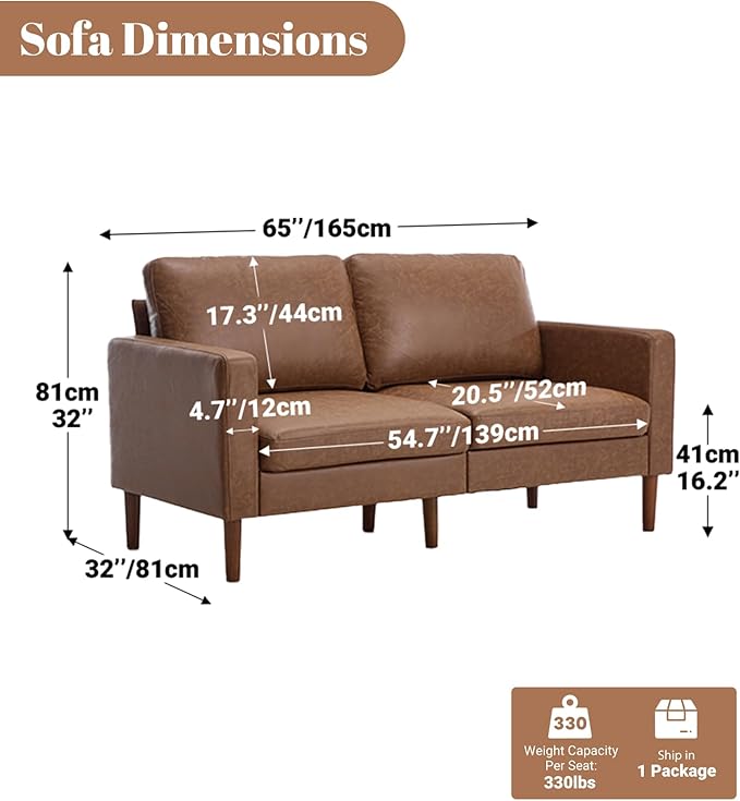 Kingfun 65 Loveseat Sofa Faux Leather Love Seat Couch Mid Century Modern Couch with Solid Wooden Frame for Living Room &amp Bedroom for Small Spaces Brown