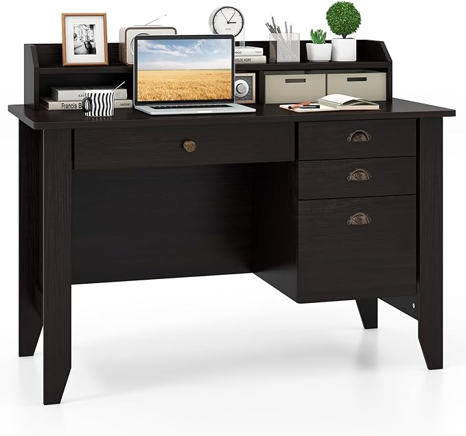 Tangkula Computer Desk with 4 Storage Drawers &amp Hutch Home Office Desk Vintage Desk with Storage Shelves Wooden Executive Desk Writing Study Desk (Black)
