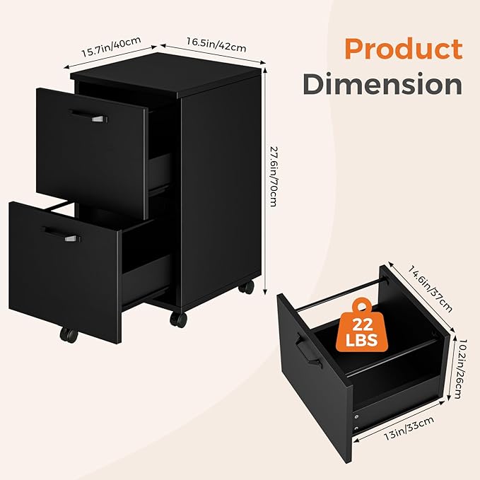Sweetcrispy 2 Drawer Filing Cabinet Black Rolling Wood File Cabinets with Printer Stand Under Desk Storage Lockable Wheels Home Office Organizer