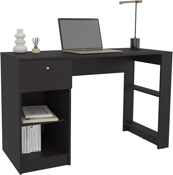 Black Computer Desk with 1 Drawer &amp 2 Shelves - Writing Desk for Home Office