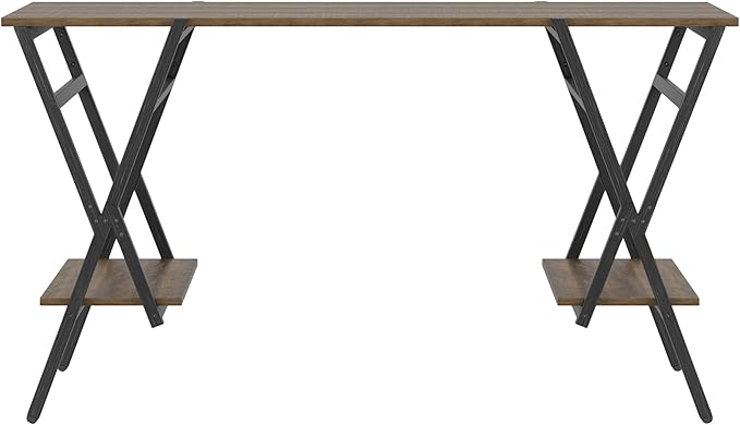24/7 Shop at Home Hoyte Farmhouse 2 Shelves Metal Writing Desk with USB Port Power Outlet for Workstation Home Office Study Room Rustic Brown and Gun Metal