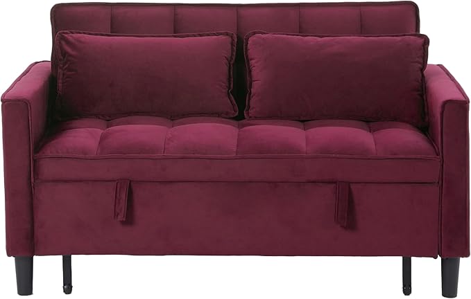 3 in 1 Convertible Sofa Bed Love Seat Sleeper Bed with Side Pockets Velvet Fabric Pull Out Couch with Adjustable Backrest for Living Room Bedroom Apartment Purplish-Red