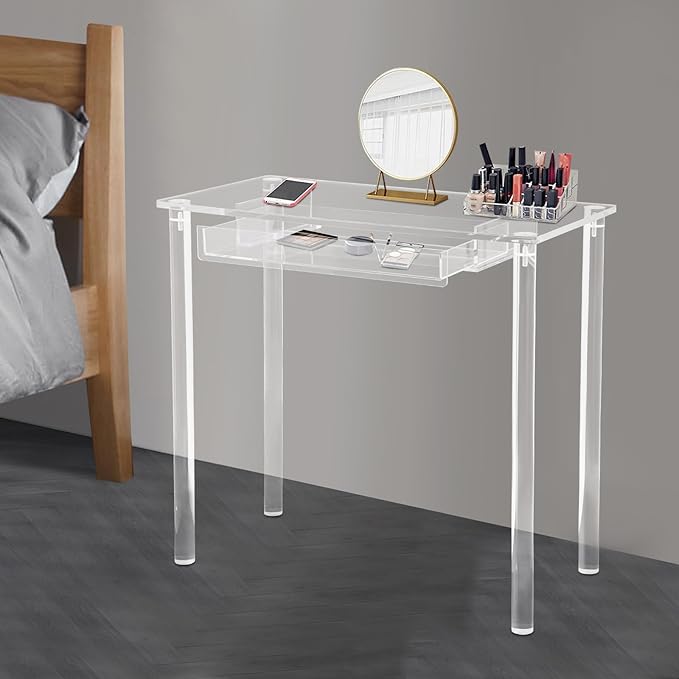 Acrylic Makeup DeskClear Computer DeskFree Standing Makeup Table with Drawer31.50 * 29.53 * 15.75 inch Modern Study Writing Table for Home Office