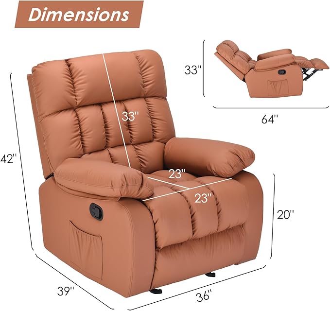 Recliner Chair Upholstered Rocker Recliner Chair with Side Pocket Ergonomic 110°-160° Adjustable Reclining Chairs for Adults Single Sofa Chair with FootrestRecliner Sofa for Living Room