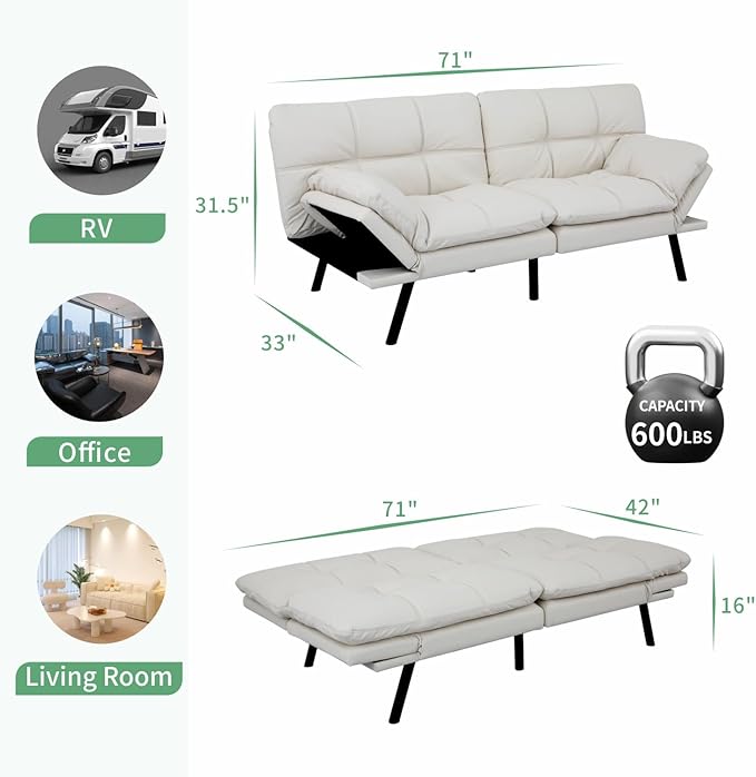 MUUEGM 71 Futon Sofa Bed Convertible Couch Filled with Memory Foam Modern Loveseat with Adjustable Backrest&ampArmrest Sofas for Living RoomGame RoomDormitoryOffice.White Leather