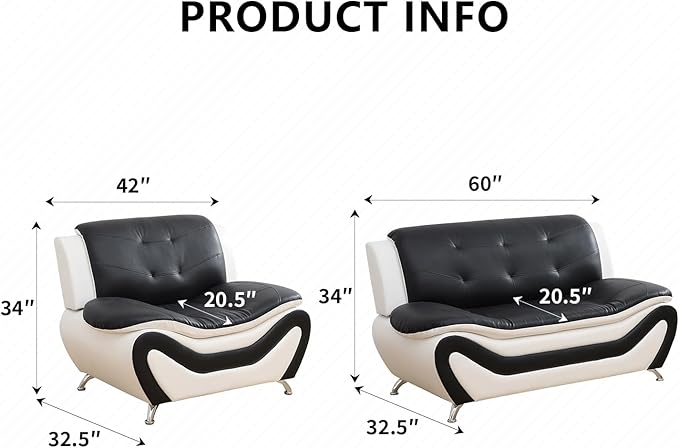 Leather Couch SetLeather Sectional Sofa for Living Room Furniture Sets Sofa and Loveseat Sets 2-Piece for Living Room/Office/Bedroom/Apartment(Black &amp White)