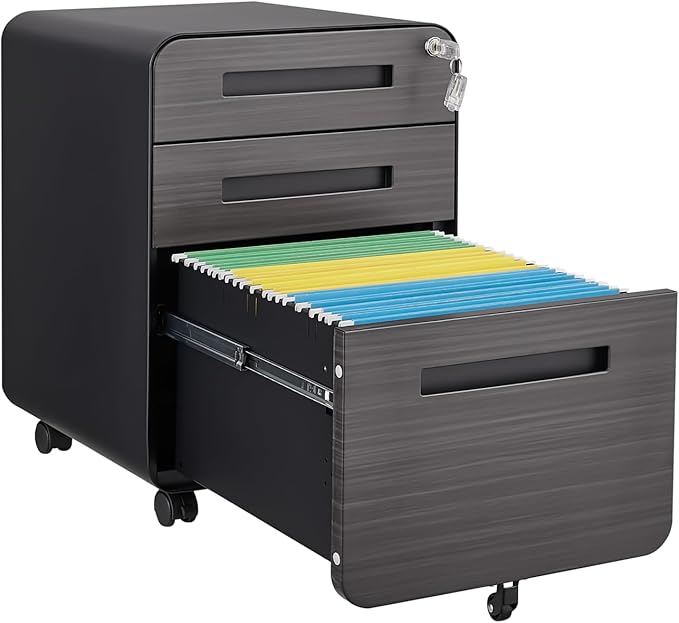 Office Pedestal File Cabinet: Lockable Compact Storage Solution for Home Office - Under Desk Cabinet with Removable Pencil Tray Hanging Bar and 5 Utility Wheels (Black+Brown)