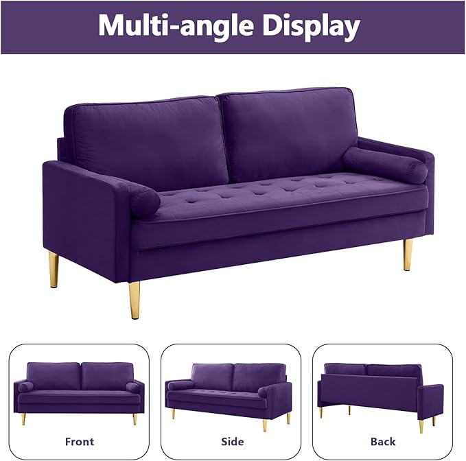 65 Love Seat Sofa Velvet Small Sofa Small Couch for Bedroom Living Room Bedroom Loveseat with 2 Pillows Gold Legs Modern Tufted Seat Upholstered Seating for Office Apartment (Purple)