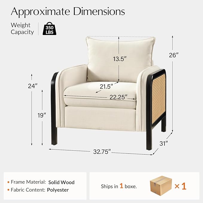 HULALA HOME Woven Rattan Armchair Modern Accent Chair with Wood Armrest and Legs for Living Room Bedroom Makeup Room Detachable Cushion &amp Upholstered Set of 2 Natural