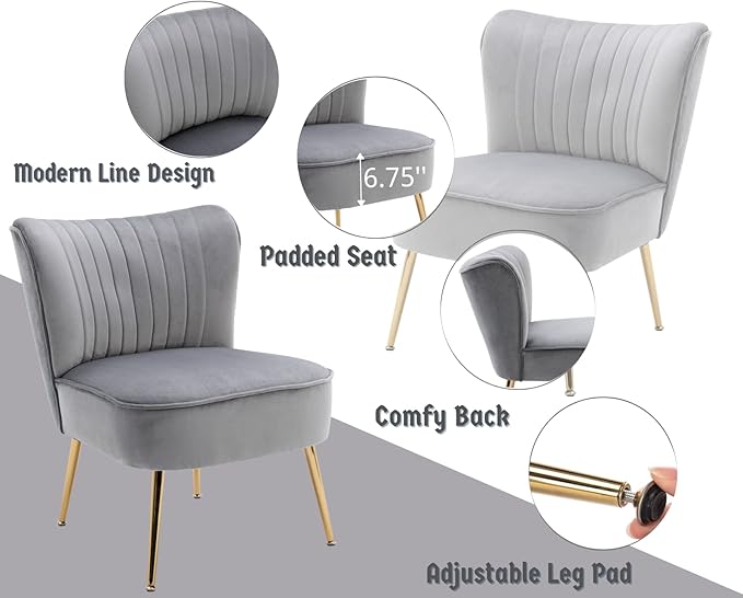 CIMOTA Velvet Grey Accent Chairs Set of 2 Modern Armless Slipper Chair Wingback Single Sofa Side Chair Comfy Corner Chair with Golden Legs for Living Room Bedroom Grey