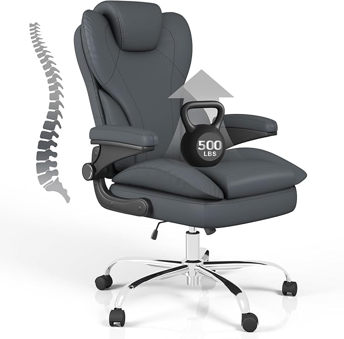 Office Desk Chair Executive Leather Office Chair High Back Ergonomic Home Desk Chair with Padded Flip-up Arms Big and Tall Computer Chair with Rocking Function 360°Swivel Free Gray