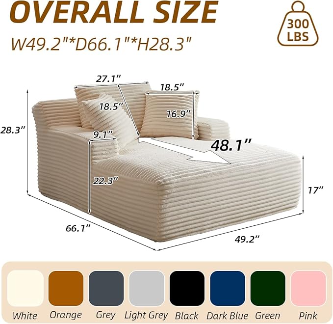 Oversized Chaise Lounge Chair Indoor Bedroom Comfy Corduroy Upholstered Sofa Bed Deep Seat Single Couch No Assembly Required Sleeper Chair Sofa for Living Room (White)