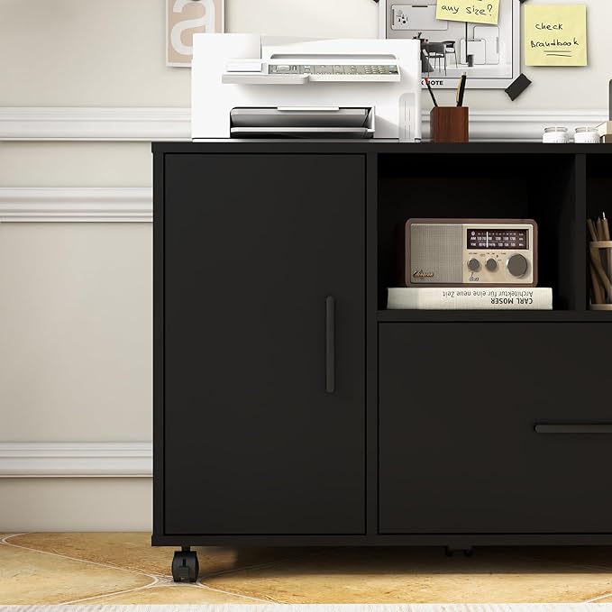Panana Wood File Cabinet with Lock 1-Drawer Wooden Office Lateral Filing Cabinet on Wheels Mobile Printer Stand with Open Storage Shelf for Letter/Legal/A4 Size Files (Black1)